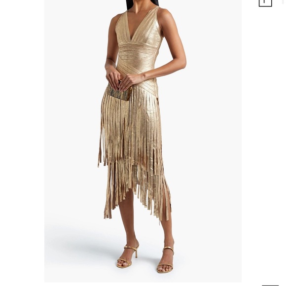 herve leger gold fringe dress The Metallic Mischa Fringe Dress (Women)